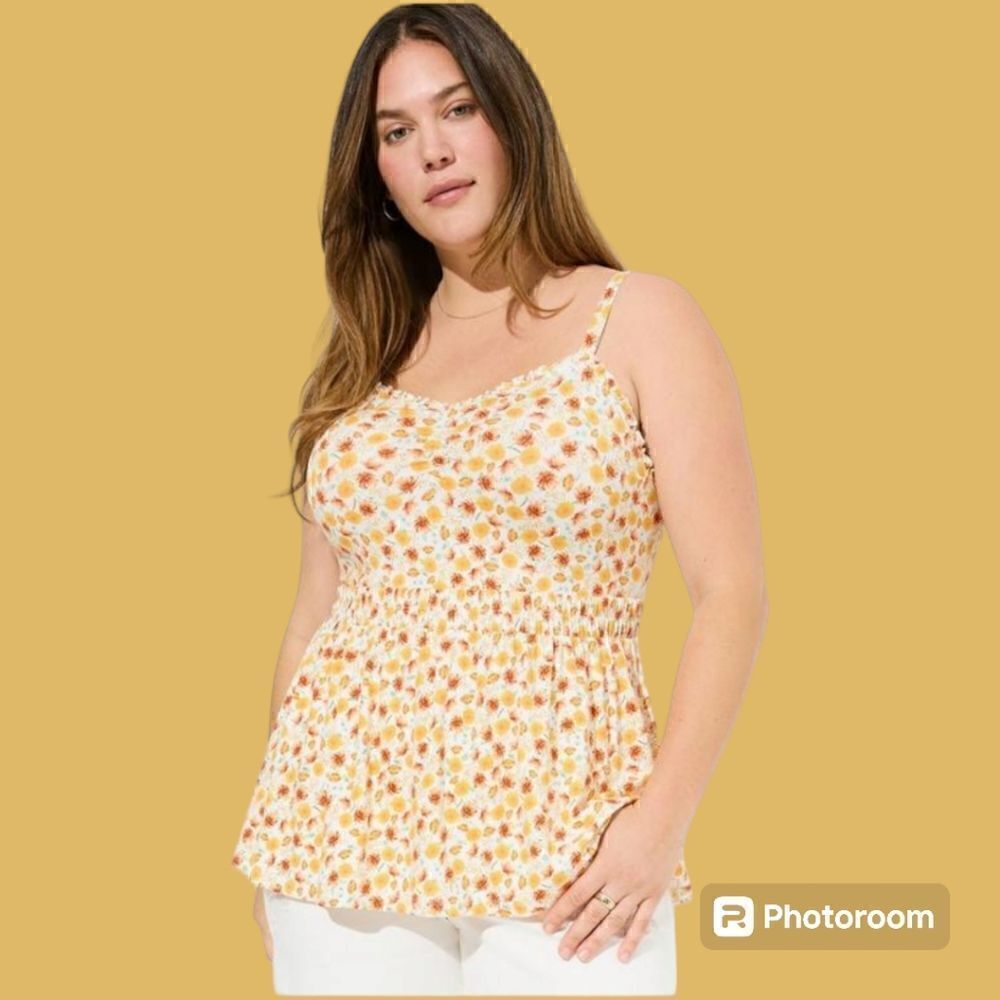 5X 28W Torrid Yellow Super Soft Sweetheart Ruched Babydoll Tank Top Floral cinch